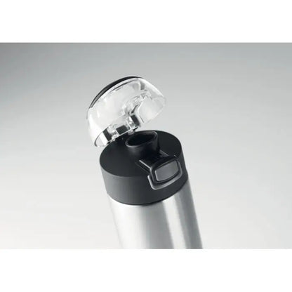 Sticla cu perete dublu de 400 ml din otel inoxidabil argintiu cu capac negru si capac transparent pliabil