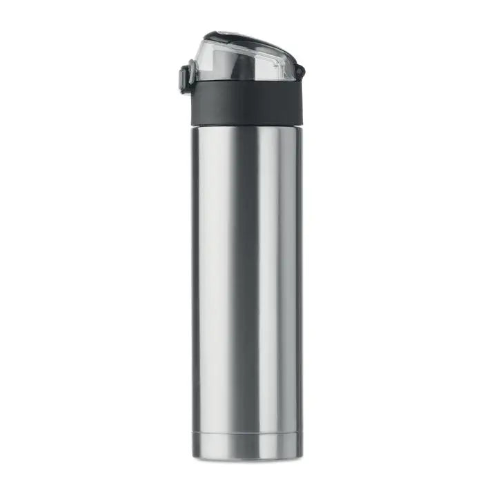 Sticla cu perete dublu de 400 ml din oțel inoxidabil argintiu cu capac flip-top negru și transparent