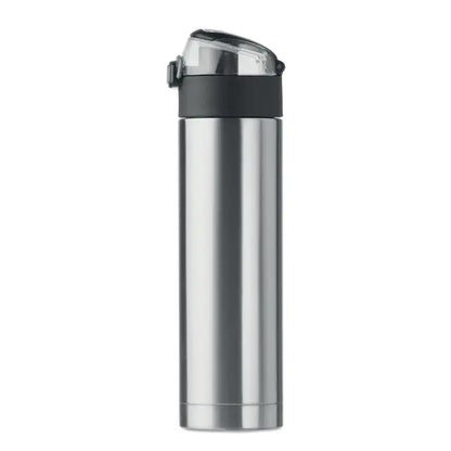 Sticla cu perete dublu de 400 ml din oțel inoxidabil argintiu cu capac flip-top negru și transparent
