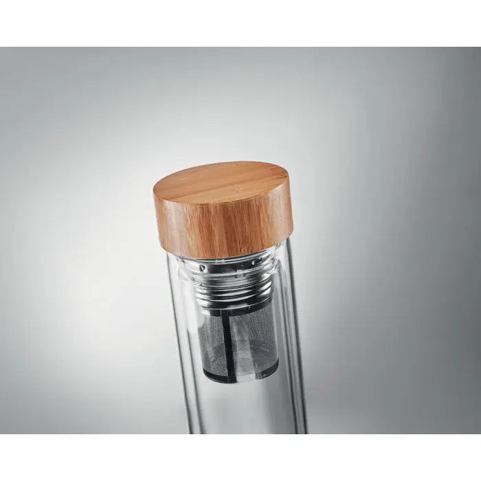 Sticla cu perete dublu de 420 ml transparentă cu capac din bambus și infuzor din oțel inoxidabil pentru ceai