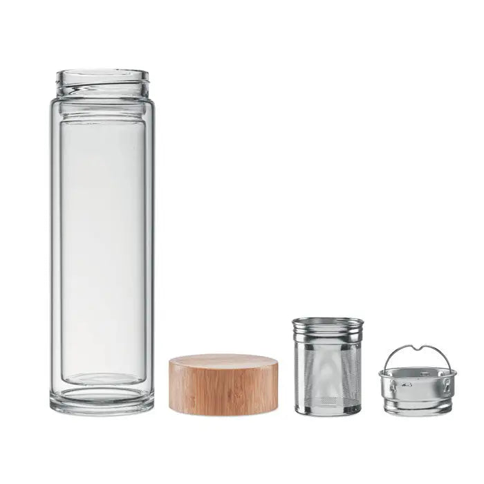 Sticlă cu perete dublu de 420 ml din sticlă transparentă cu capac de bambus și infuzor din inox pentru călătorii