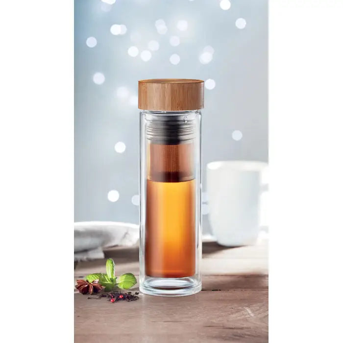 Sticlă cu perete dublu de 420 ml din sticlă clară cu infuzor din inox și capac din bambus, ceai brewat chihlimbar