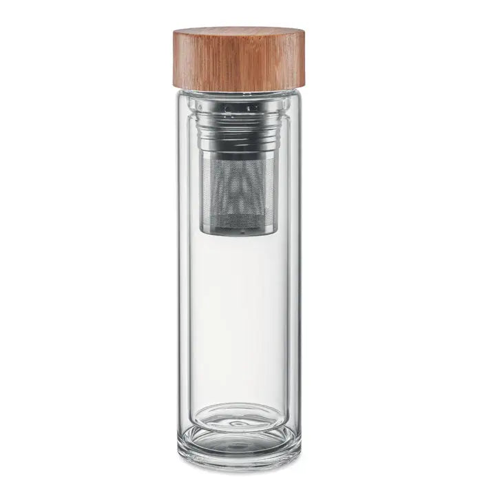 Sticla cu perete dublu de 420 ml transparenta cu capac din bambus si filtru metalic incorporat pentru calatorii
