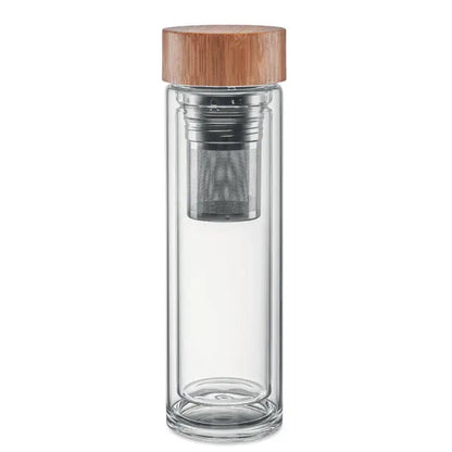 Sticla cu perete dublu de 420 ml transparenta cu capac din bambus si filtru metalic incorporat pentru calatorii