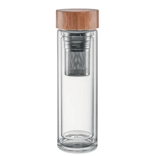 Sticla cu perete dublu de 420 ml transparenta cu capac din bambus si filtru metalic incorporat pentru calatorii