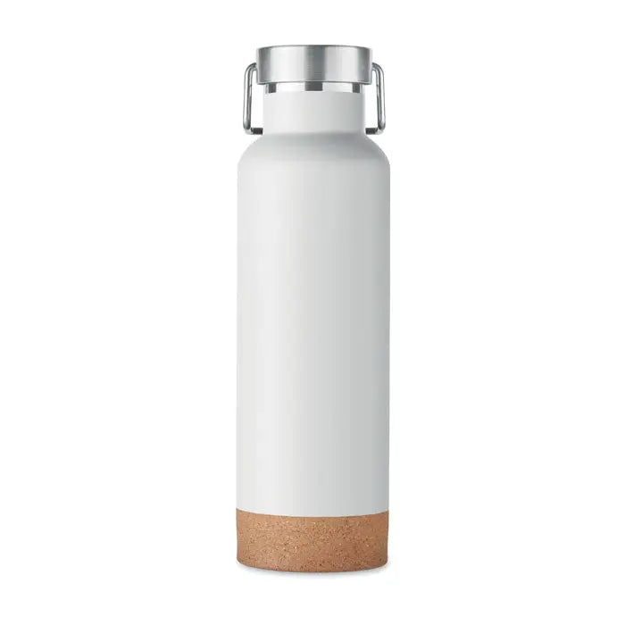 Sticlă cu perete dublu de 500 ml albă, termos izolant cu capac metalic argintiu și bază de plută