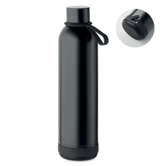 Sticla cu perete dublu de 500 ml neagra mate cu functie boxa integrata si design cilindric elegant
