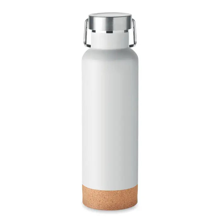 Sticlă cu perete dublu de 500 ml, termos alb cu capac metalic argintiu și bază din plută