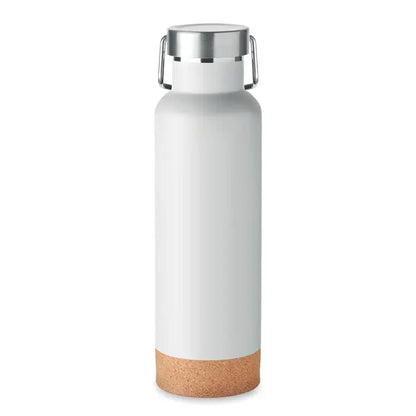 Sticlă cu perete dublu de 500 ml, termos alb cu capac metalic argintiu și bază din plută