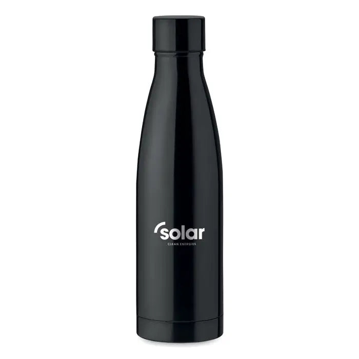 Sticla cu perete dublu de 500 ml neagra izolata cu finisaj lucios si logo solar alb