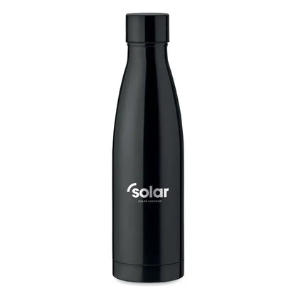 Sticla cu perete dublu de 500 ml neagra izolata cu finisaj lucios si logo solar alb