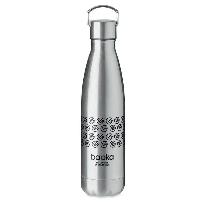 Sticla cu perete dublu de 500 ml din otel inoxidabil argintiu cu model frunze negre si brandul baoka