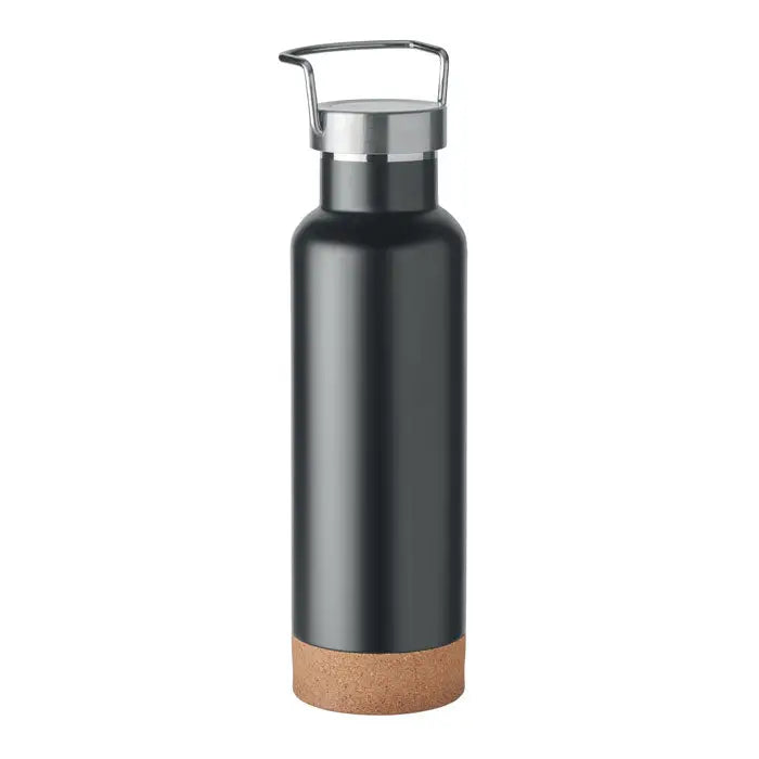 Sticla cu perete dublu de 500 ml neagra din otel inoxidabil cu capac argintiu si baza din pluta naturala