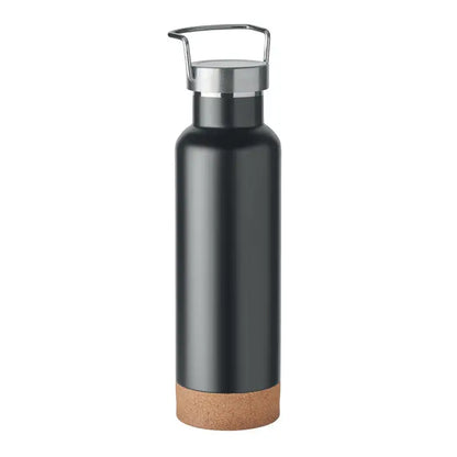 Sticla cu perete dublu de 500 ml neagra din otel inoxidabil cu capac argintiu si baza din pluta naturala