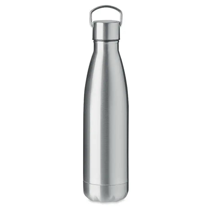 Sticlă cu perete dublu de 500 ml argintie din oțel inoxidabil cu finisaj periat și mâner integrat pe capac