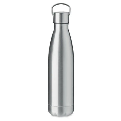 Sticlă cu perete dublu de 500 ml argintie din oțel inoxidabil cu finisaj periat și mâner integrat pe capac