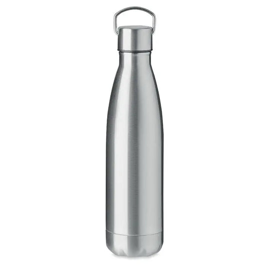 Sticlă cu perete dublu de 500 ml argintie din oțel inoxidabil cu finisaj periat și mâner integrat pe capac