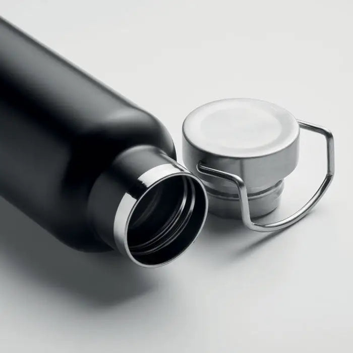 Sticla cu perete dublu de 500 ml negru mat din inox cu capac argintiu si maner integrat pentru apa