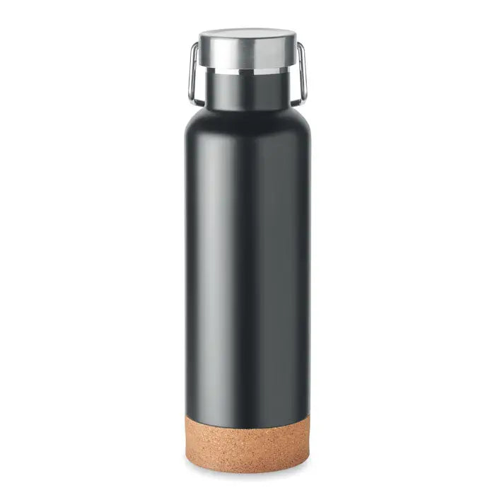 Sticlă cu perete dublu de 500 ml neagră mată din oțel inoxidabil cu capac argintiu și bază de plută