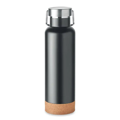 Sticlă cu perete dublu de 500 ml neagră mată din oțel inoxidabil cu capac argintiu și bază de plută