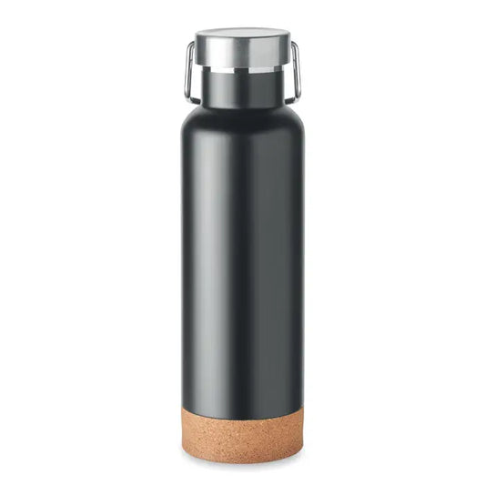 Sticlă cu perete dublu de 500 ml neagră mată din oțel inoxidabil cu capac argintiu și bază de plută