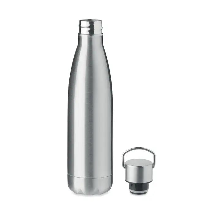 Sticlă cu perete dublu de 500 ml din oțel inoxidabil argintiu cu capac cu filet și mâner integrat