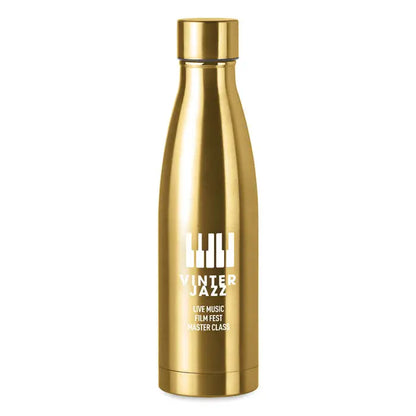 Sticla cu perete dublu de 500 ml din otel inoxidabil auriu cu design cilindric si text alb gravat winter jazz