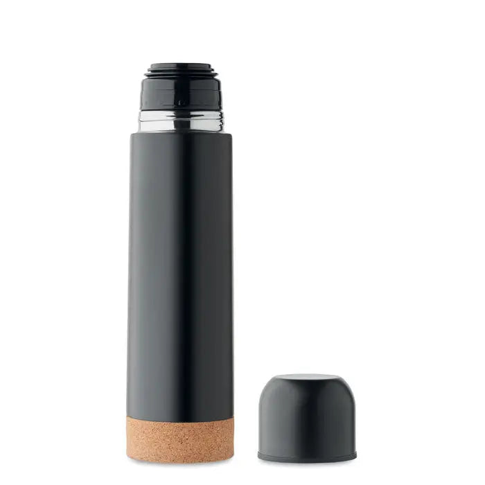 Sticla cu perete dublu de 500 ml neagra cu baza de plută si capac negru din metal izolata termic