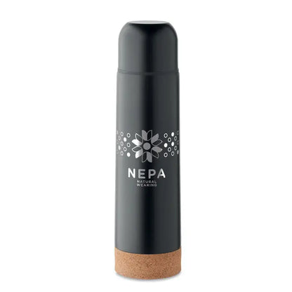 Sticla neagra izolata cu perete dublu de 500 ml cu baza de pluta si logo floral argintiu nepa alb