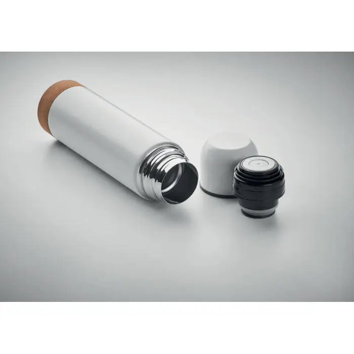 Sticla cu perete dublu de 500 ml alba termoizolanta cu prindere din plută și capac din oțel inoxidabil