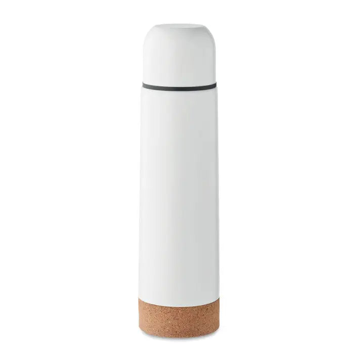Sticla cu perete dublu de 500 ml alb cu termos izolat, bază din plută și bandă neagră accent