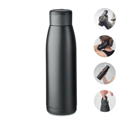 Sticla cu perete dublu racit la caldura neagra din otel inoxidabil mat cu design cilindric si capac asortat