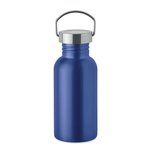 Sticlă cu un singur perete 500 ml albastru metalizat cu capac argintiu filetat și mâner integrat