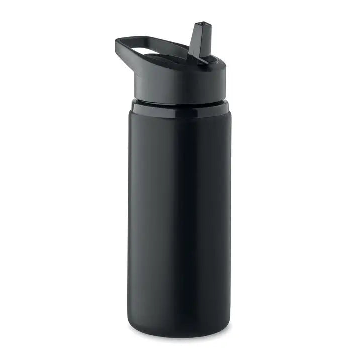 Sticla cu un singur perete 500 ml neagra izolata cu finisaj mat si capac rabatabil cu pai integrat