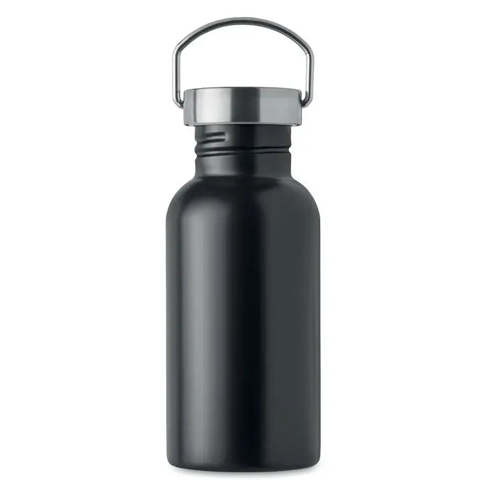Sticla cu un singur perete 500 ml neagra din otel inoxidabil cu capac argintiu cu filet si maner integrat