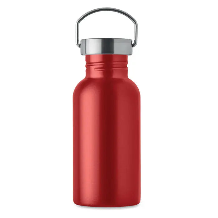Sticlă cu un singur perete 500 ml roșie metalizată cu capac argintiu și mâner integrat din metal