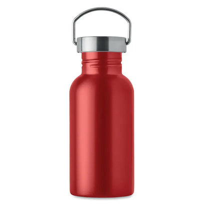 Sticlă cu un singur perete 500 ml roșie metalizată cu capac argintiu și mâner integrat din metal