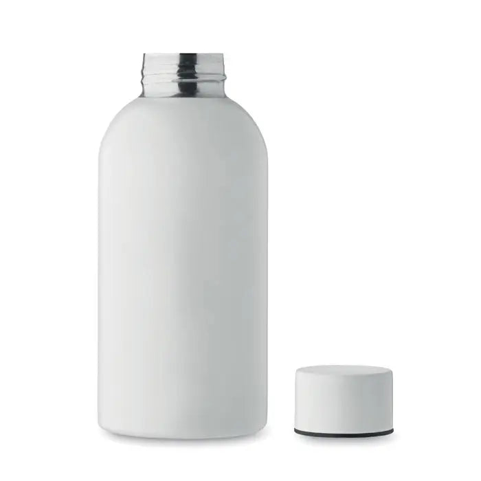 Sticlă cu un singur perete 500 ml din plastic alb mat cu gât metalic argintiu și capac alb