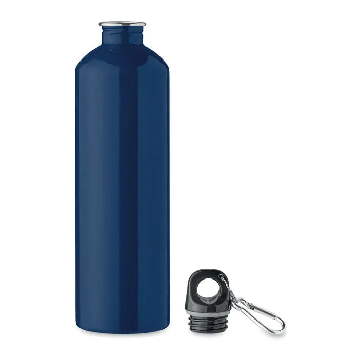 Sticla cu un singur perete 750ml albastru metalic cu capac argintiu filet negru si carabiniera atasata