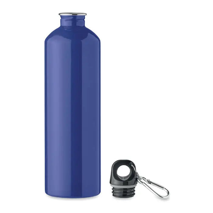 Sticla cu un singur perete 750ml albastru metalic cu capac negru cu filet și carabinieră argintie din metal