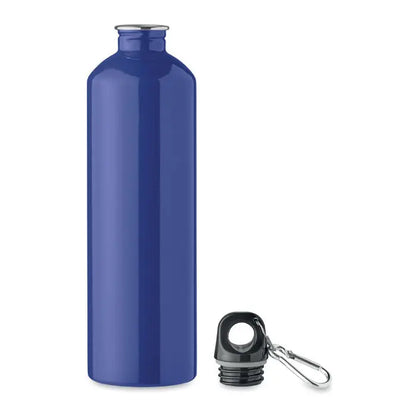 Sticla cu un singur perete 750ml albastru metalic cu capac negru cu filet și carabinieră argintie din metal