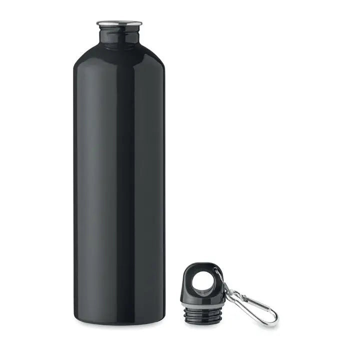 Sticlă cu un singur perete 750ml neagră metalizată cu capac șurub și carabinieră argintie