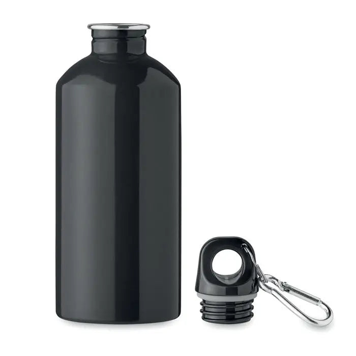 Sticlă cu un singur perete de 500 ml din metal negru cu capac argintiu și clemă carabinieră atașată