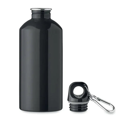 Sticlă cu un singur perete de 500 ml din metal negru cu capac argintiu și clemă carabinieră atașată