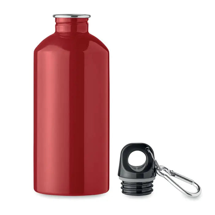 Sticla cu un singur perete de 500 ml roșie metalizată cu capac negru înșurubabil și carabină argintie