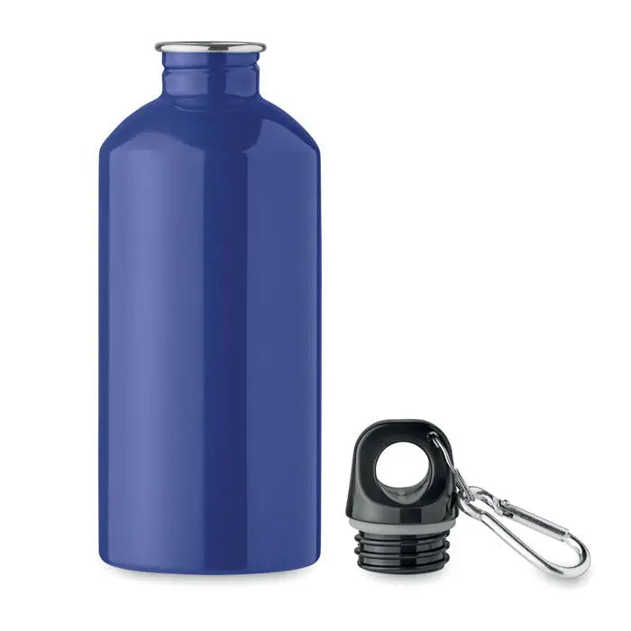 Sticla cu un singur perete de 500 ml albastra metalizata cu capac negru si carabiniera argintie