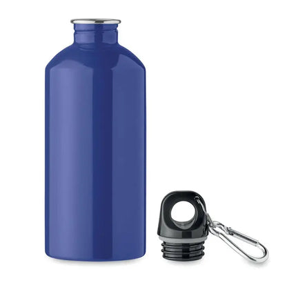 Sticla cu un singur perete de 500 ml albastra metalizata cu capac negru si carabiniera argintie