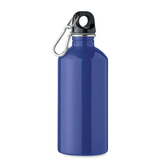 Sticla cu un singur perete de 500 ml albastra metalica cu capac negru si carabiniera argintie