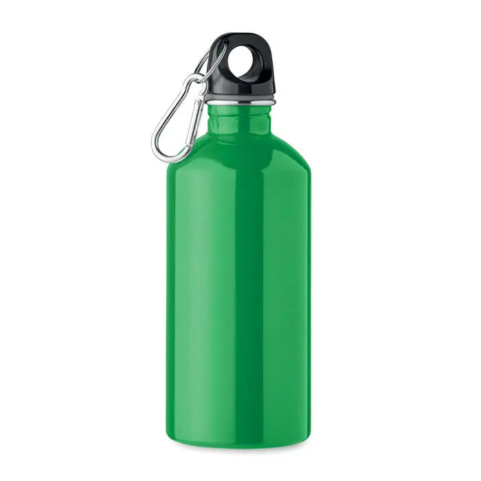 Sticla cu un singur perete de 500 ml din aluminiu verde vibrant cu capac negru si carabiniera argintie