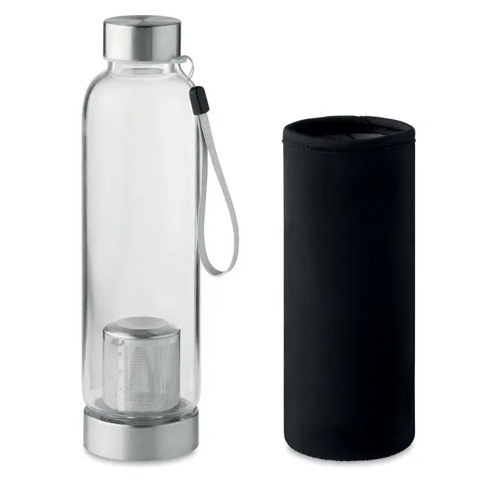 Sticla cu un singur perete de 500 ml din sticla transparenta cu capac si baza metalice argintii si filtru de ceai integrat
